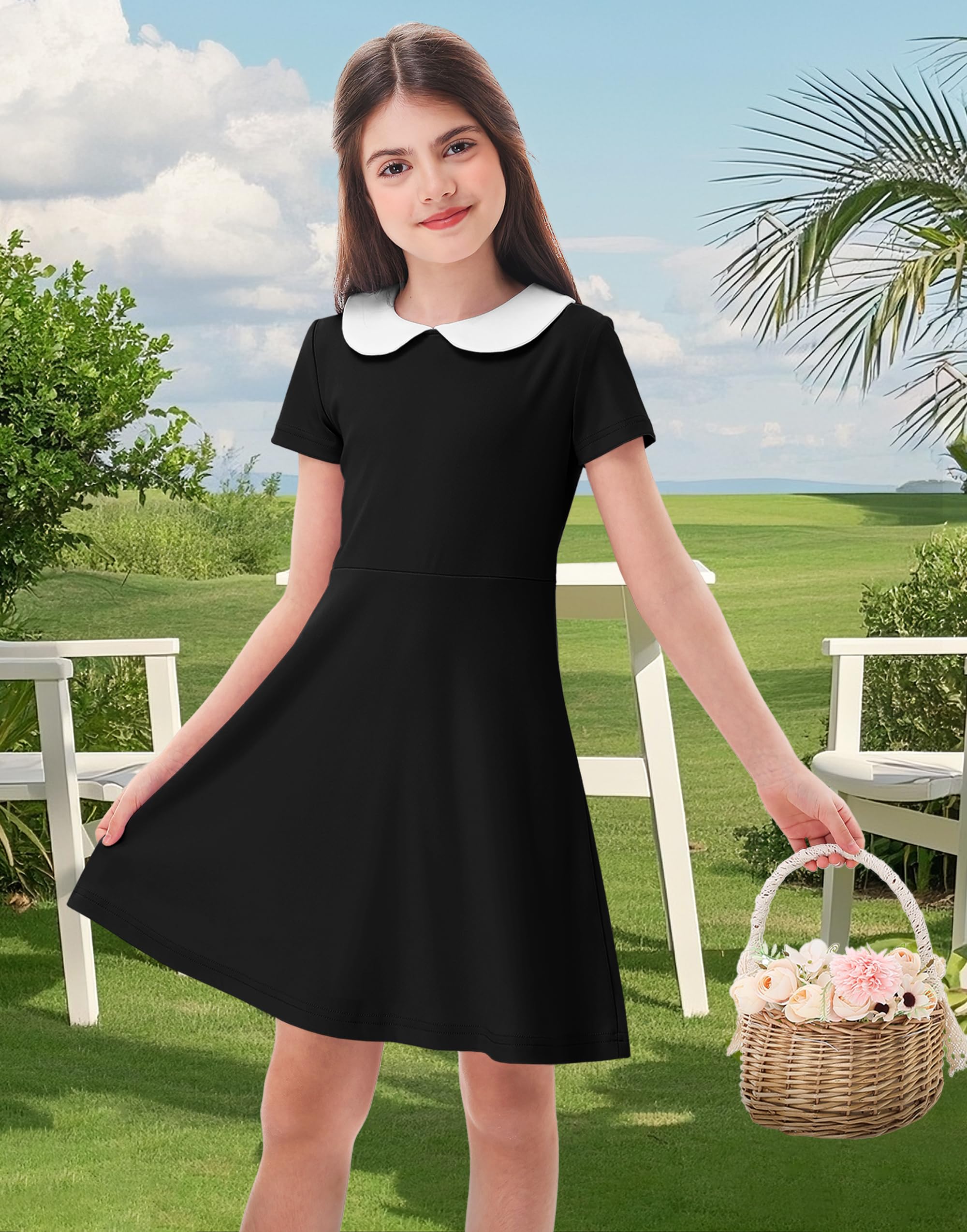 Remimi Girl's Peter Pan Collar Dress Short Sleeve Casual Flare Skater Dresses 5-14 Years - Image 3