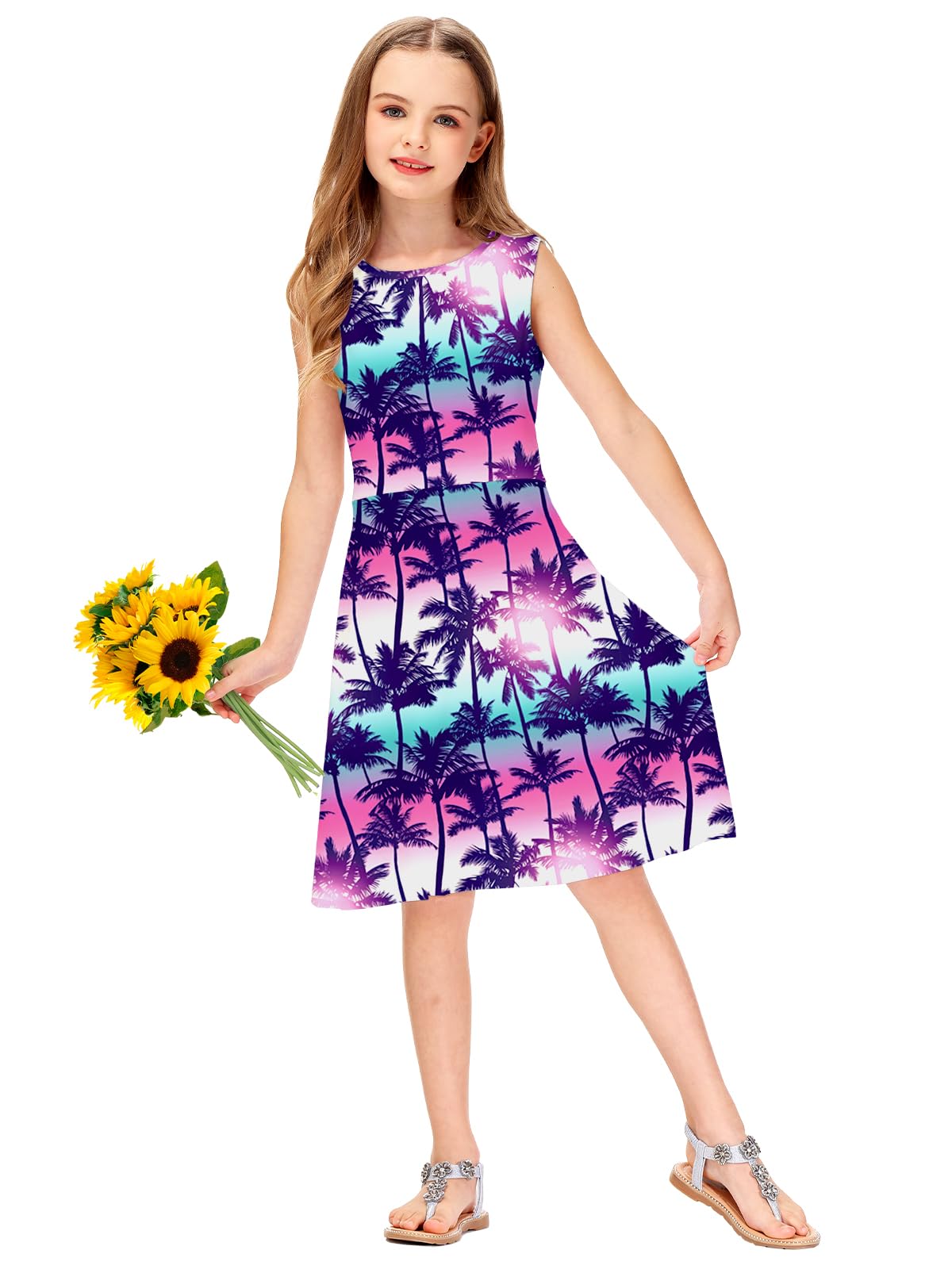 Remimi Girls Summer Sleeveless Dress Tropical Print Skater Twirly Dresses 3-14 Years - Image 4