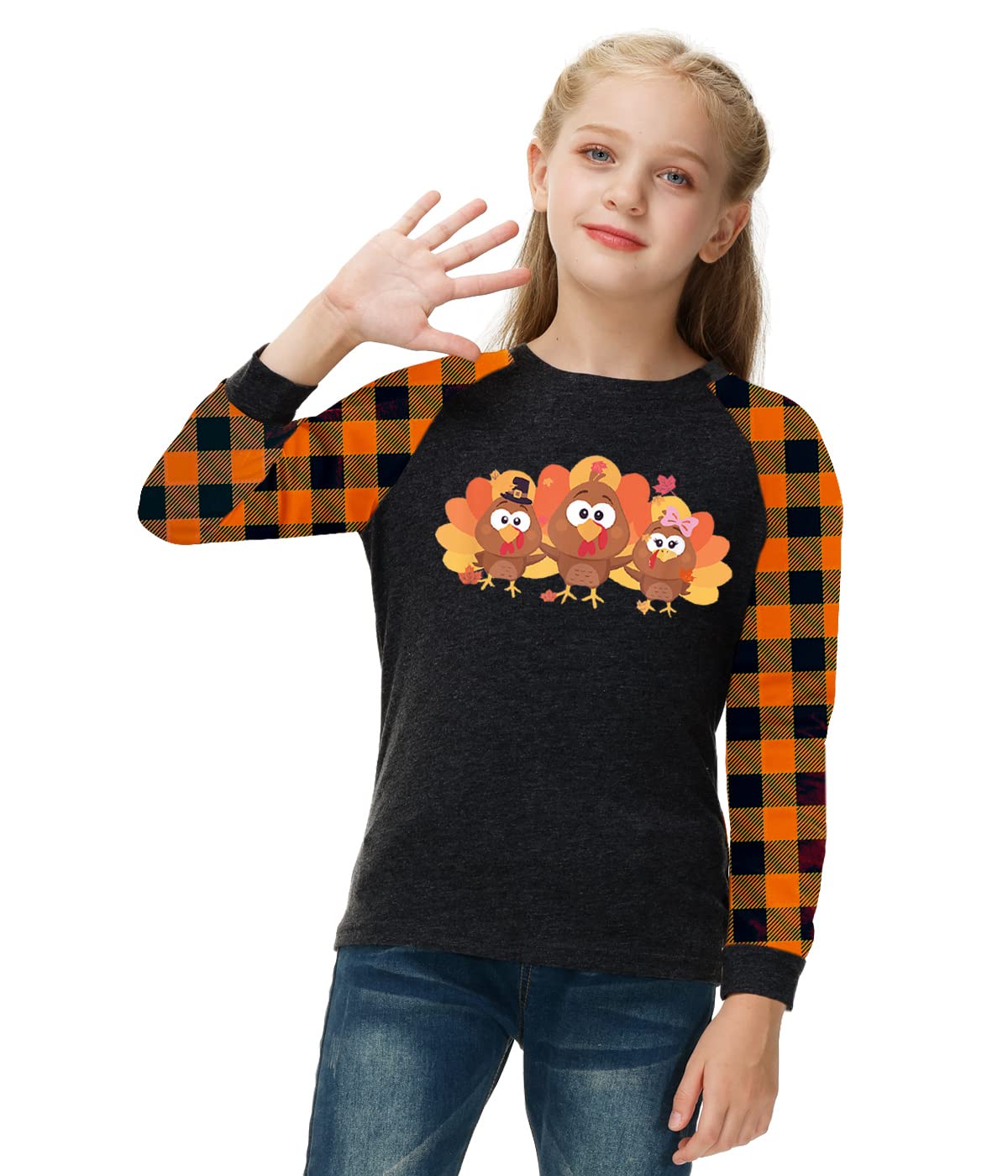 Remimi Girls Thanksgiving Shirts Buffalo Plaid Raglan Tee Cute Turkey Holiday Party Long Sleeve Tshirt 5-14 Years - Image 3