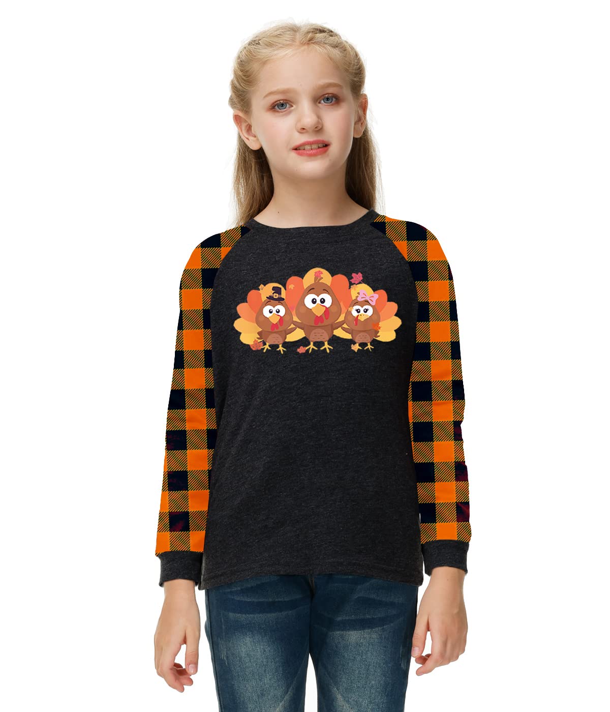 Remimi Girls Thanksgiving Shirts Buffalo Plaid Raglan Tee Cute Turkey Holiday Party Long Sleeve Tshirt 5-14 Years - Image 4