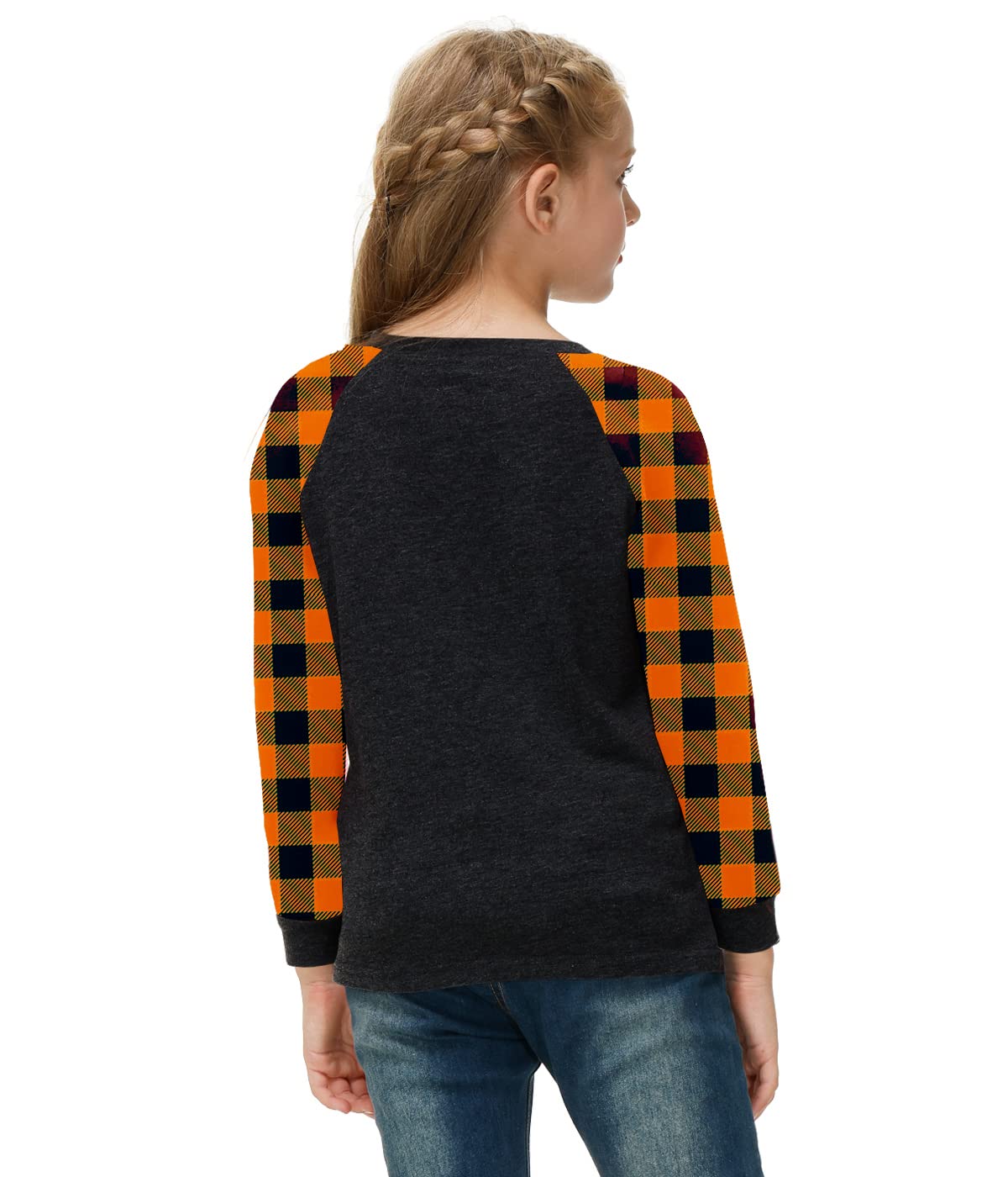 Remimi Girls Thanksgiving Shirts Buffalo Plaid Raglan Tee Cute Turkey Holiday Party Long Sleeve Tshirt 5-14 Years - Image 5