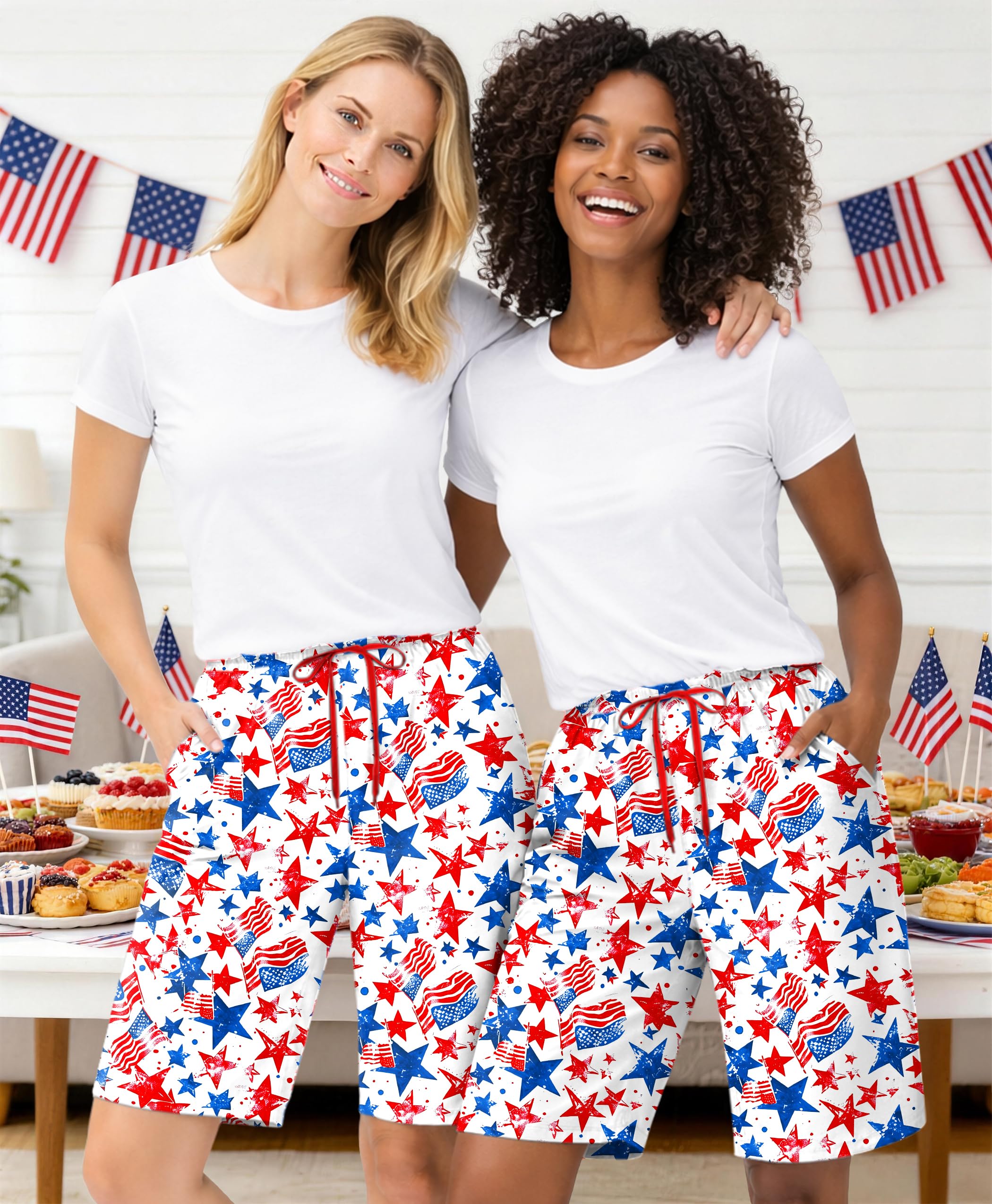 Remimi Women Fourth of July Pajama Shorts Star Stripes Printed Drawstring Bermuda Shorts with Pockets - Image 3